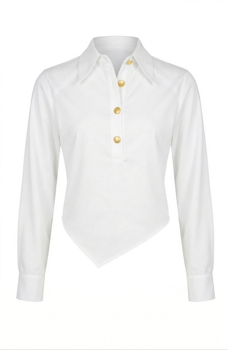 Modenaire Collared Button Front Blouse with Asymmetrical Hem, Alternate, color, Ivory
