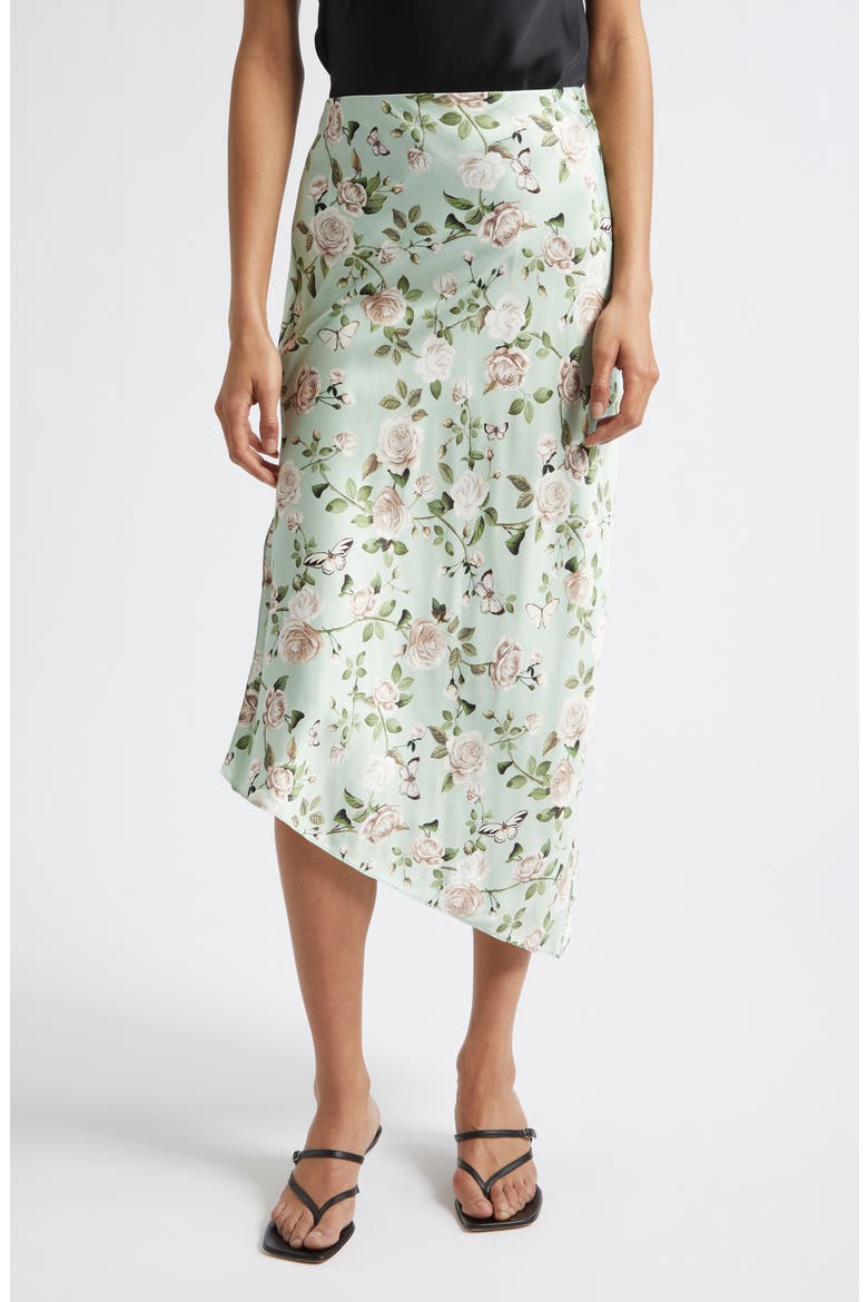 Maeve Mixed Print Asymmetric Satin Slip Skirt, Main, color, GARDEN GOSSIP LIGHT SAGE