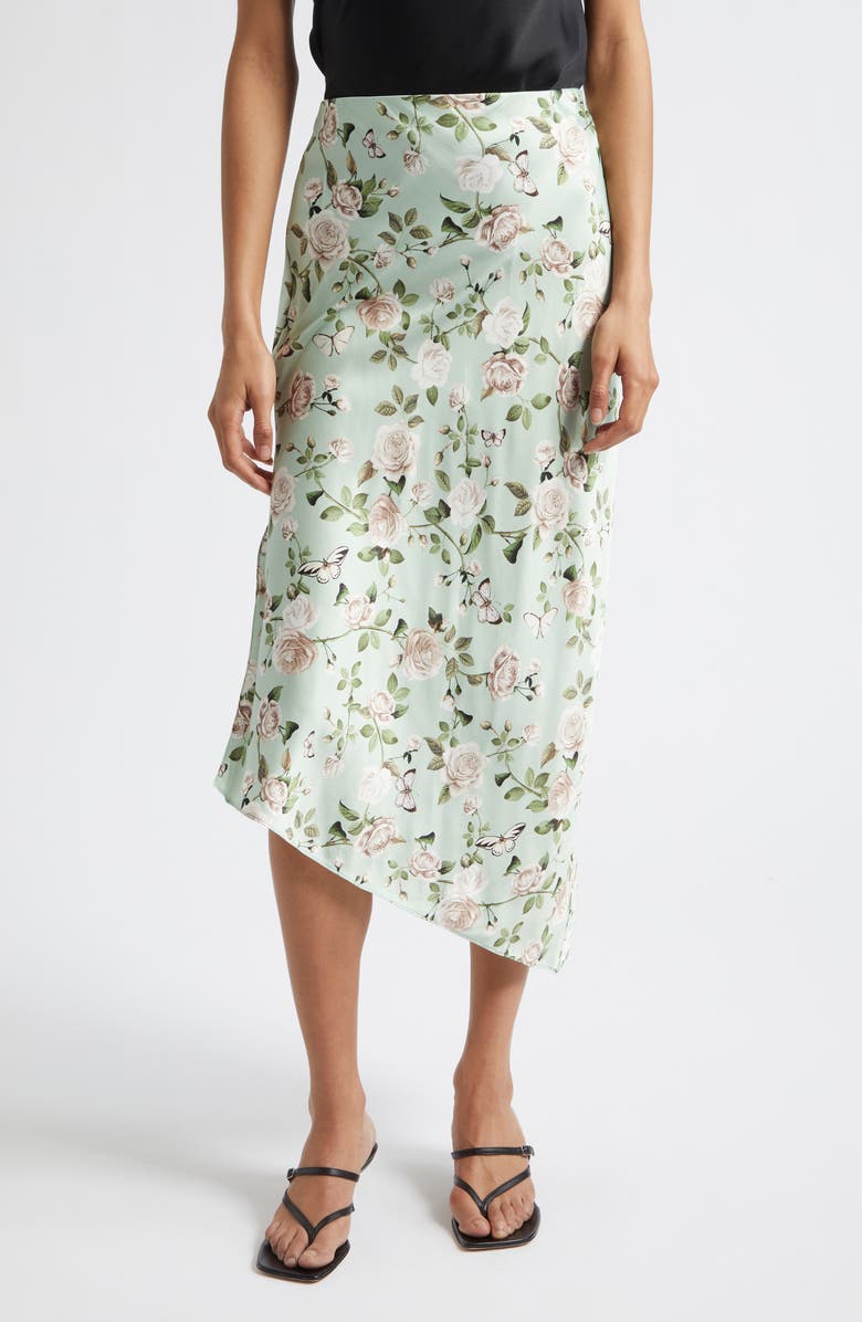 Alice + Olivia Maeve Mixed Print Asymmetric Satin Slip Skirt, Main, color, Garden Gossip Light Sage