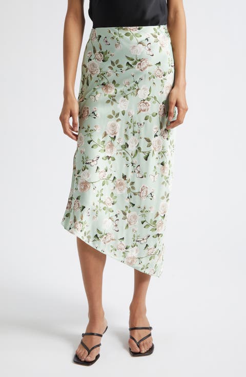 Maeve Mixed Print Asymmetric Satin Slip Skirt