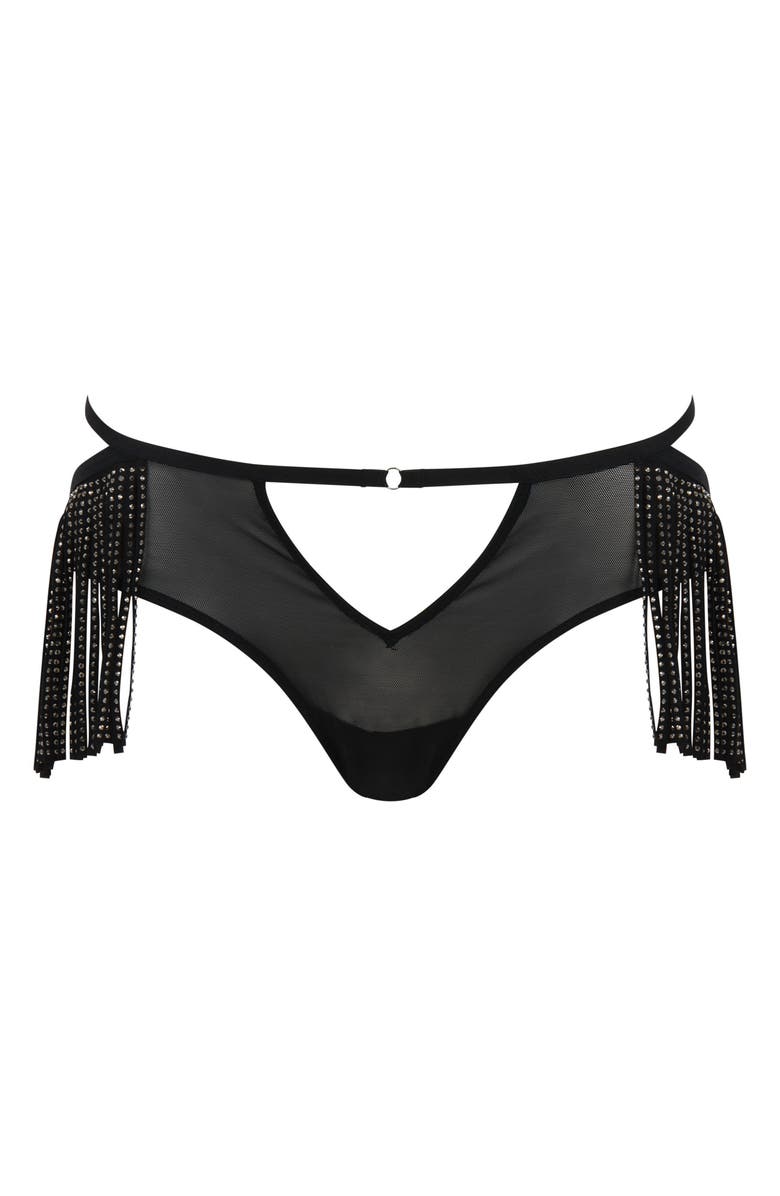 Love, Vera Fringe Rhinestone Cutout High Waist Mesh Panties, Main, color,