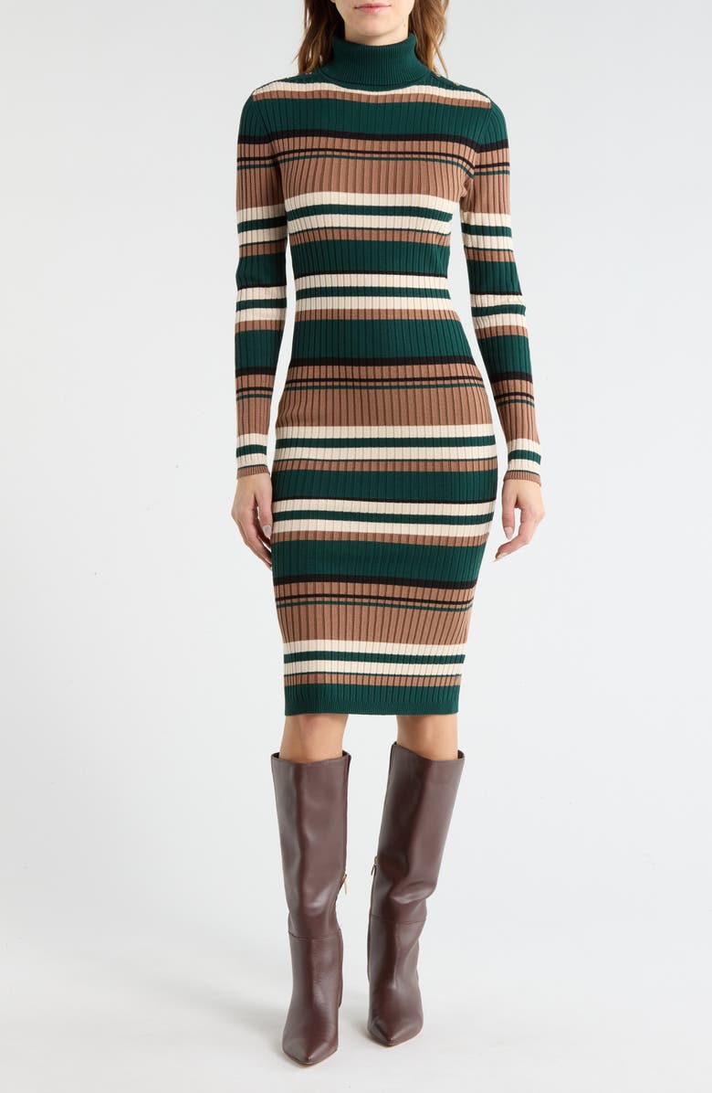 Madden Girl Stripe Long Sleeve Turtleneck Sweater Dress, Main, color, Hunter Combo