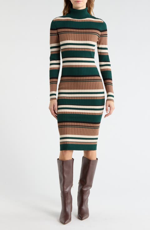 Stripe Long Sleeve Turtleneck Sweater Dress