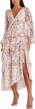 Mac Duggal Elegant Puff Sleeve Floral Midi Dress with A-Line Silhouette and Side Pockets