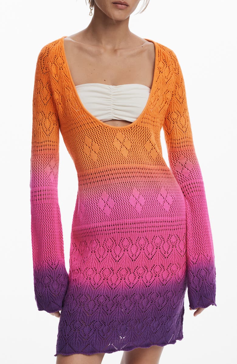 Desigual Colorblock Long Sleeve Open Stitch Cotton Cover-Up Dress, Alternate, color, Orange