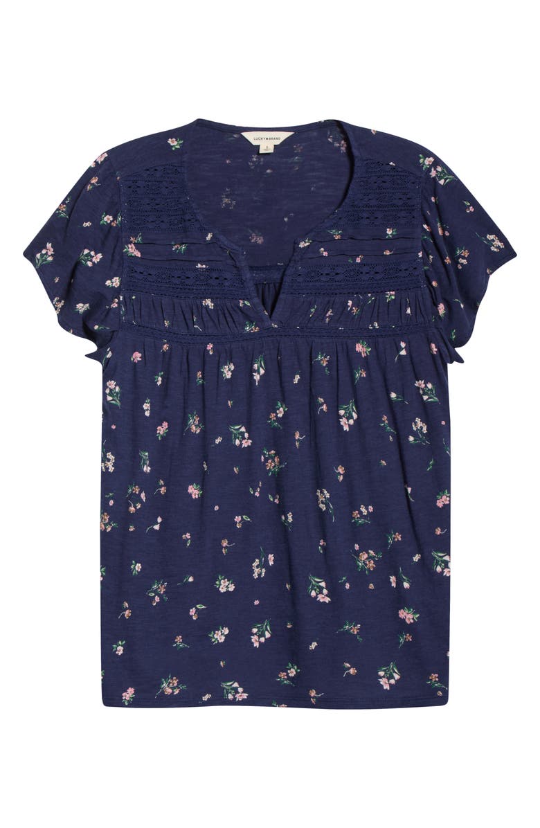 Lucky Brand Floral Flutter Sleeve Cotton Blend Top, Main, color, Navy Floral