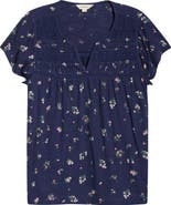 Lucky Brand Floral Flutter Sleeve Cotton Blend Top