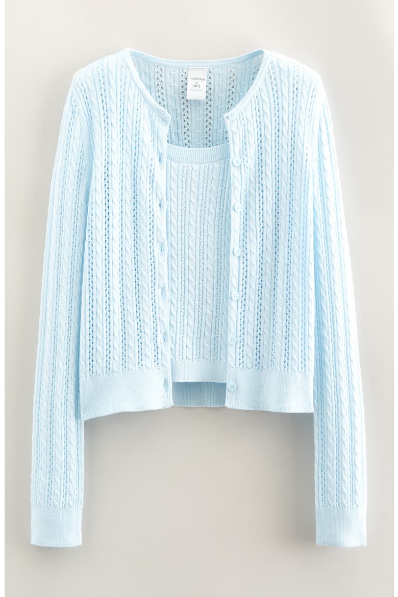 Kids' Cable Stitch Cardigan & Sweater Tank Set, Main, color, BLUE DELICATE