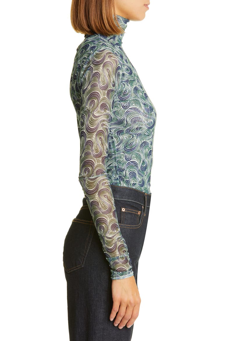 Shirred Long Sleeve Mesh Turtleneck Top, Alternate, color, DARK EMERALD MULTI