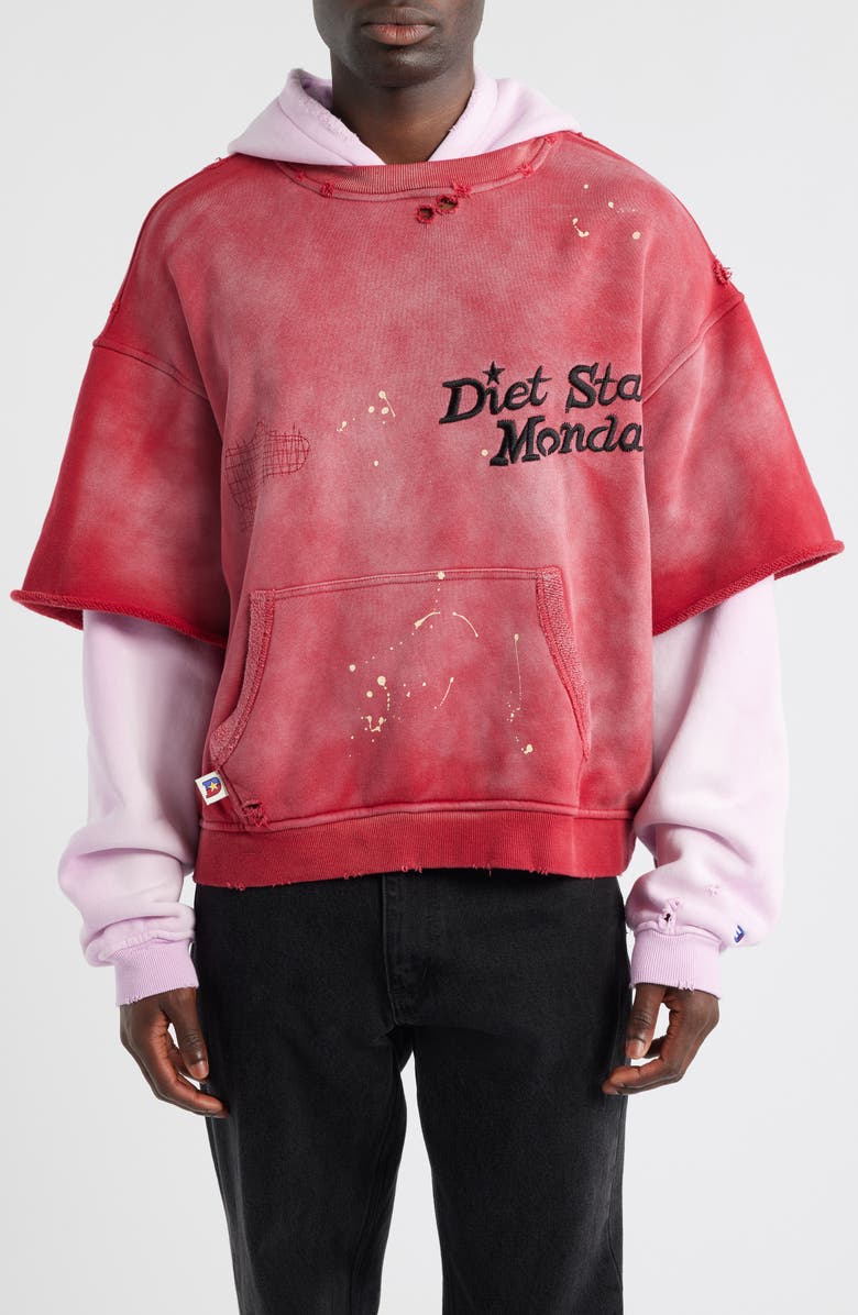 DIET STARTS MONDAY Double Layer Distressed Hoodie, Main, color, Washed Red/Pink