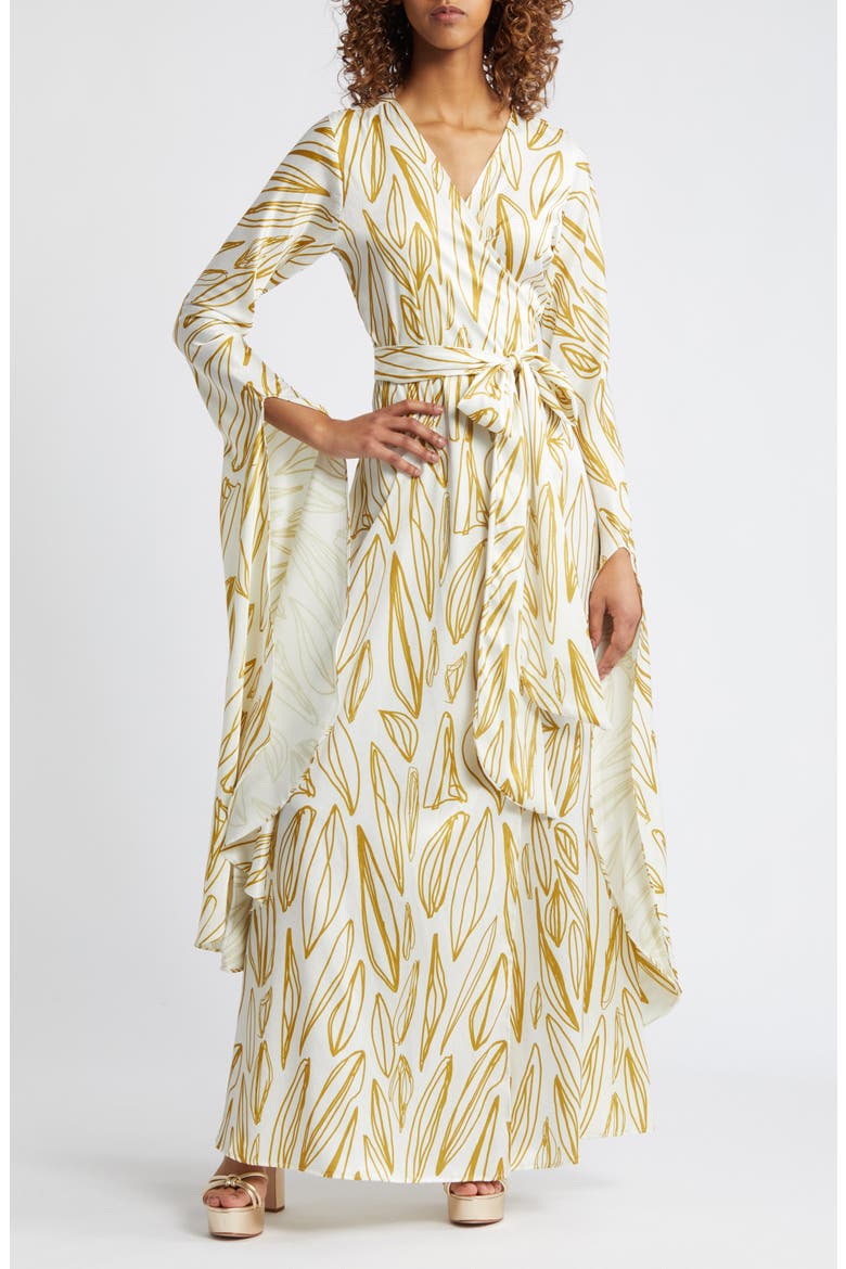 Maya Exaggerated Long Sleeve Fiore Print Jacquard Wrap Dress, Main, color, GOLD