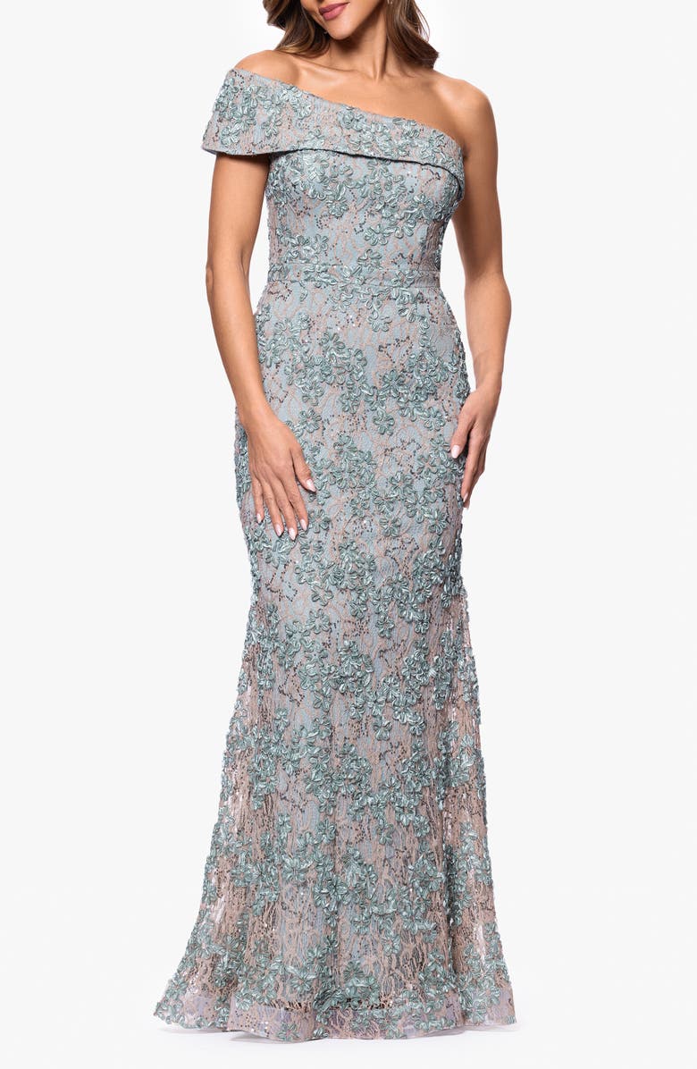 Xscape Evenings Soutache Lace Off the Shoulder Gown, Main, color, Sage/ Gold