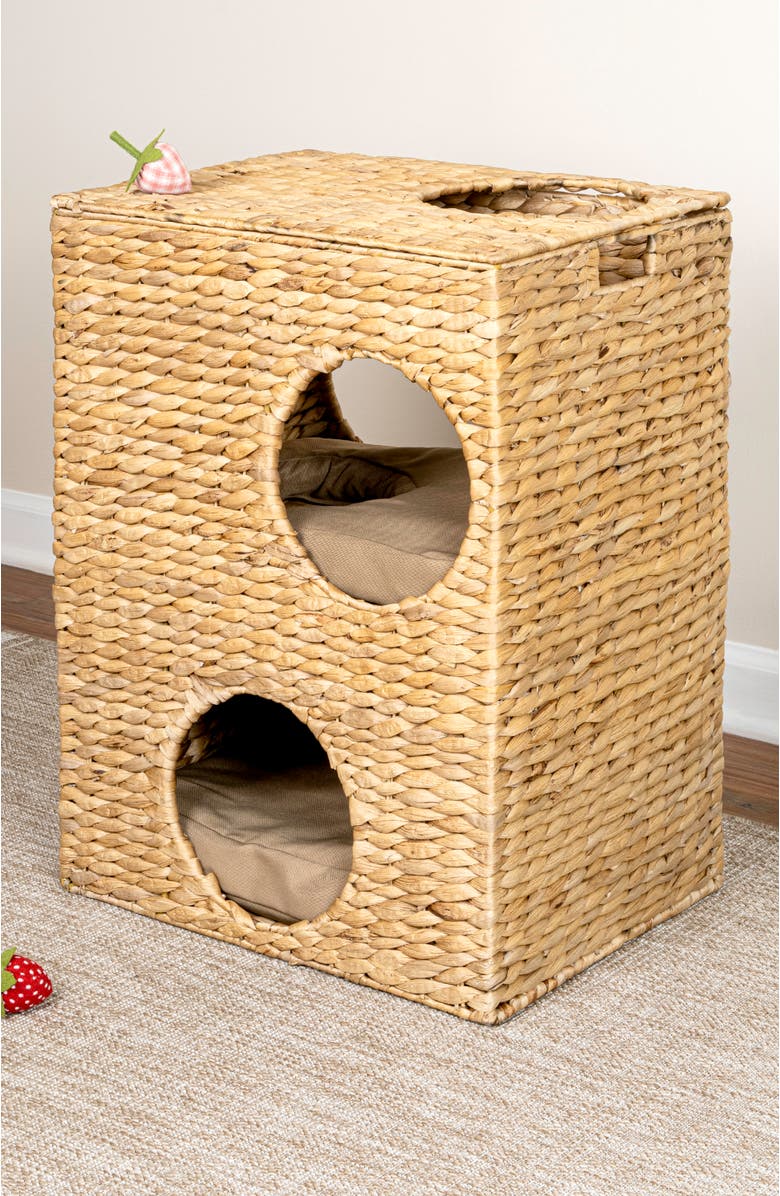 The Licker Store Jaxon 18" 2-Tier Handwoven Hyacinth Rectangular 5-Hole Cat Condo, 2 Machine-Washable Cushions, Alternate, color, Natural