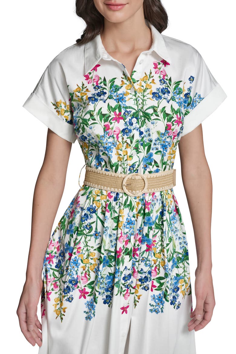 Placed Floral Print Belted Midi Shirtdress, Alternate, color, SOFT WHITE COMBO