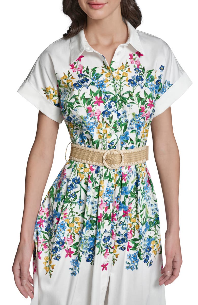 KARL LAGERFELD PARIS Placed Floral Print Belted Midi Shirtdress, Alternate, color, Soft White Combo