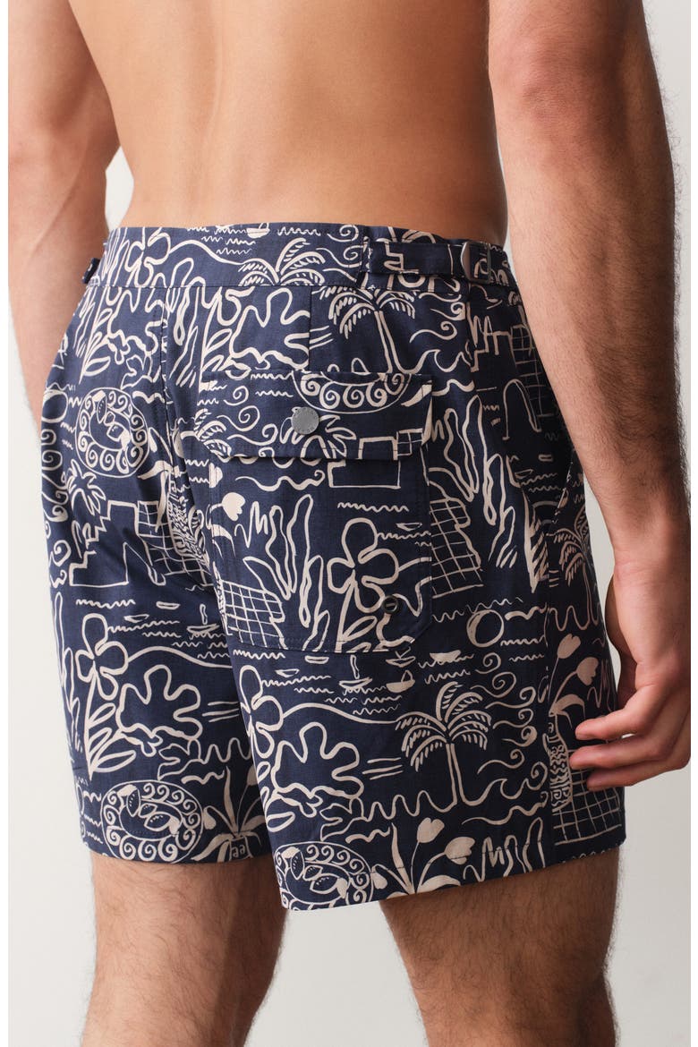 Island Motif Tailored Swim Trunks, Alternate, color, NAVY/WHITE ISLAND MOTIF