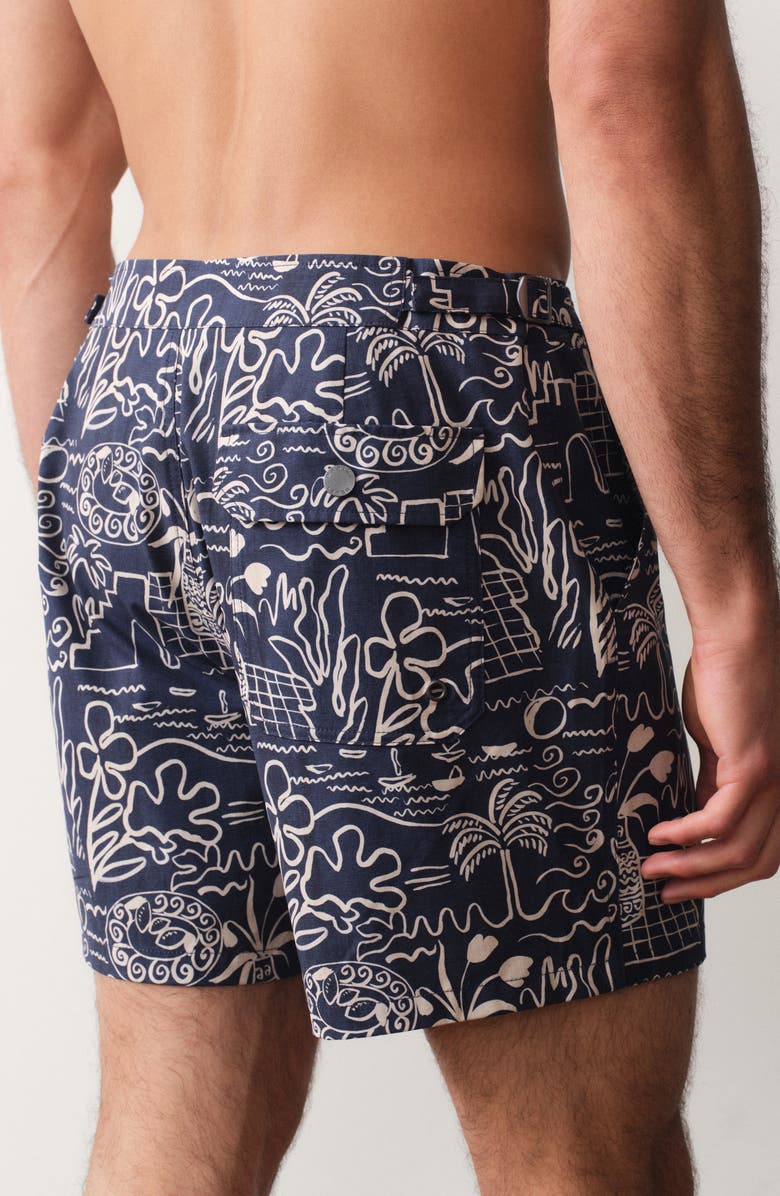 Marine Layer Island Motif Tailored Swim Trunks, Alternate, color, Navy/White Island Motif