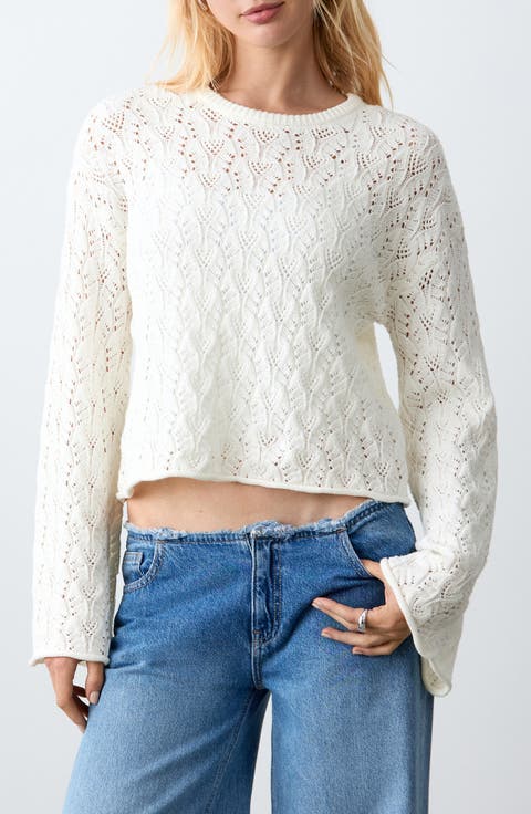 Openwork Crop Cotton Blend Sweater