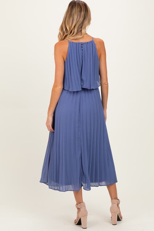 Pinkblush Pleated Woven Midi Dress In Blue