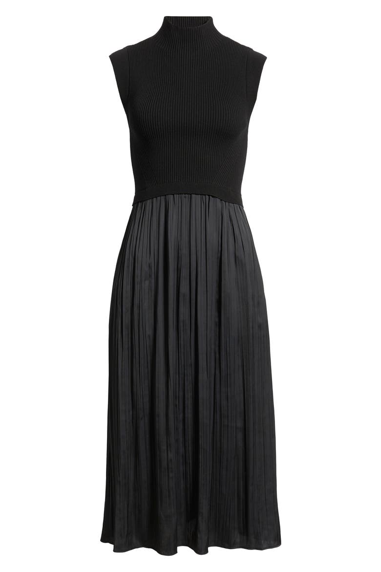 Mixed Media Rib Funnel Neck Midi Dress, Alternate, color, BLACK