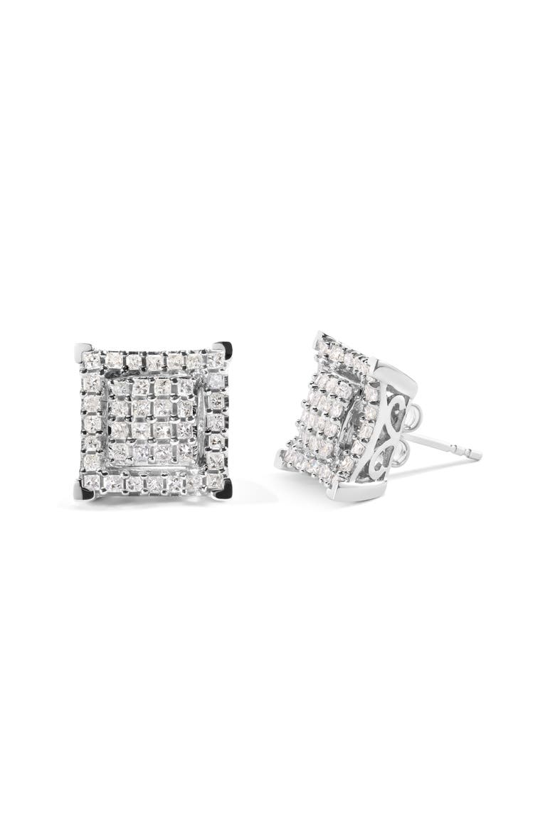 10K White Gold 1 1/4 Ct Princess Diamond Composite Square and Halo Stud Earrings, Alternate, color, White