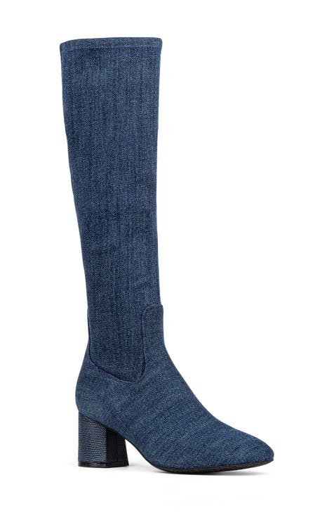 Blue denim knee high boots on sale