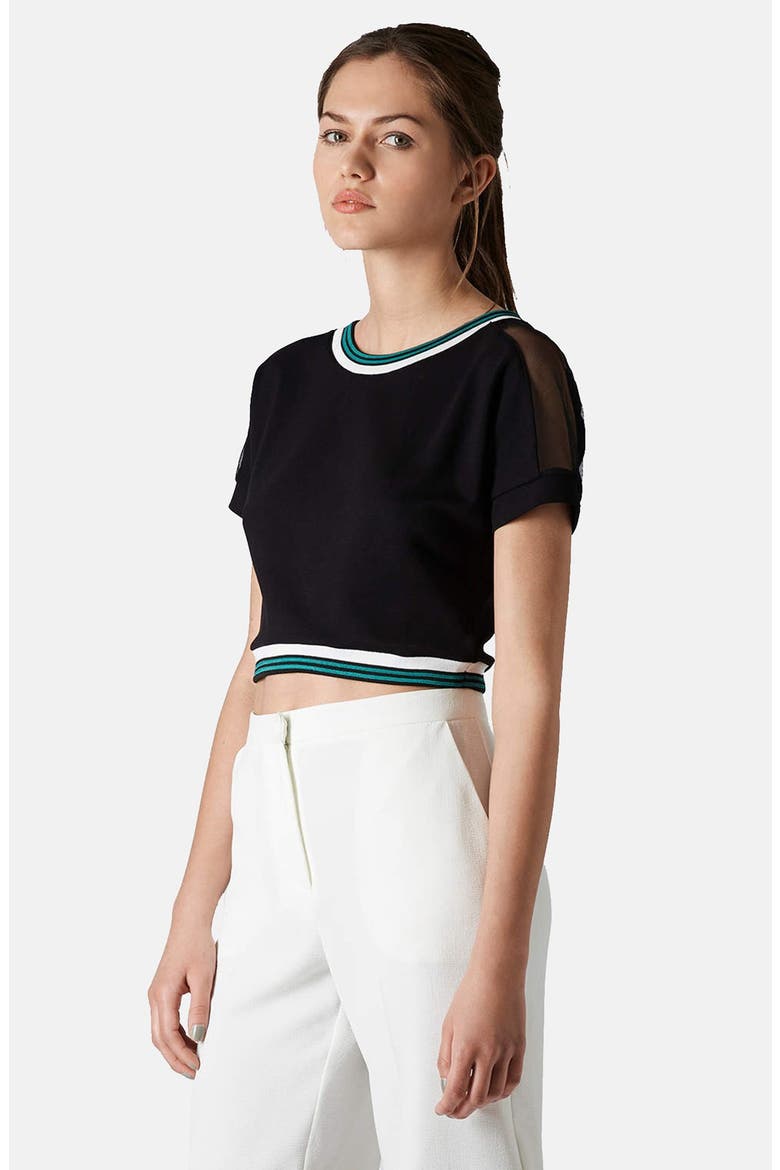 Contrast Trim Mesh Inset Tee, Main, color, BLACK