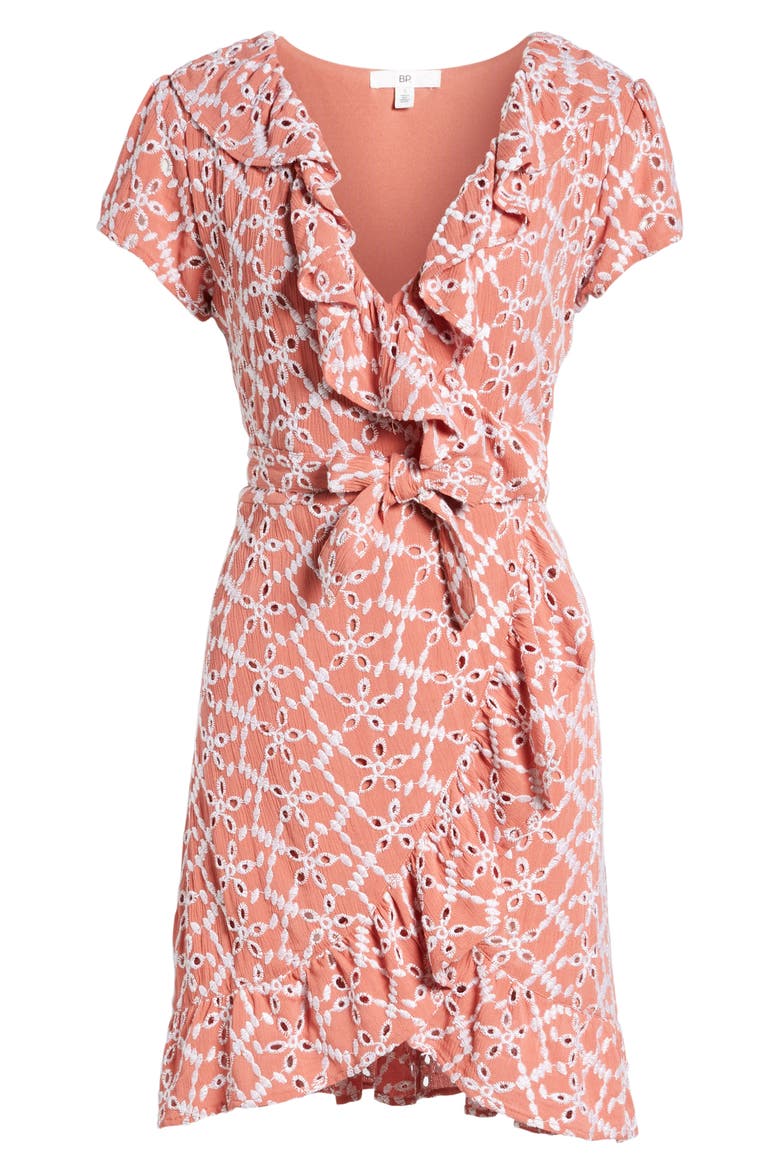 Eyelet Wrap Minidress, Alternate, color, RUST MARSALA