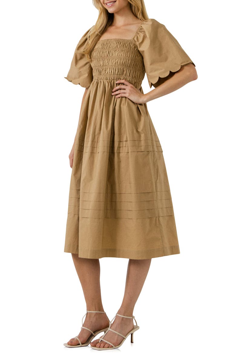 Scallop Detail Midi Dress, Alternate, color, TAN