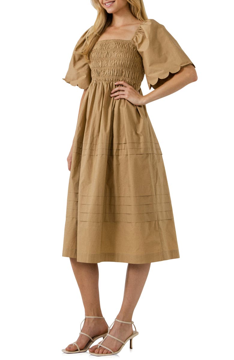 English Factory Scallop Detail Midi Dress, Alternate, color, Tan
