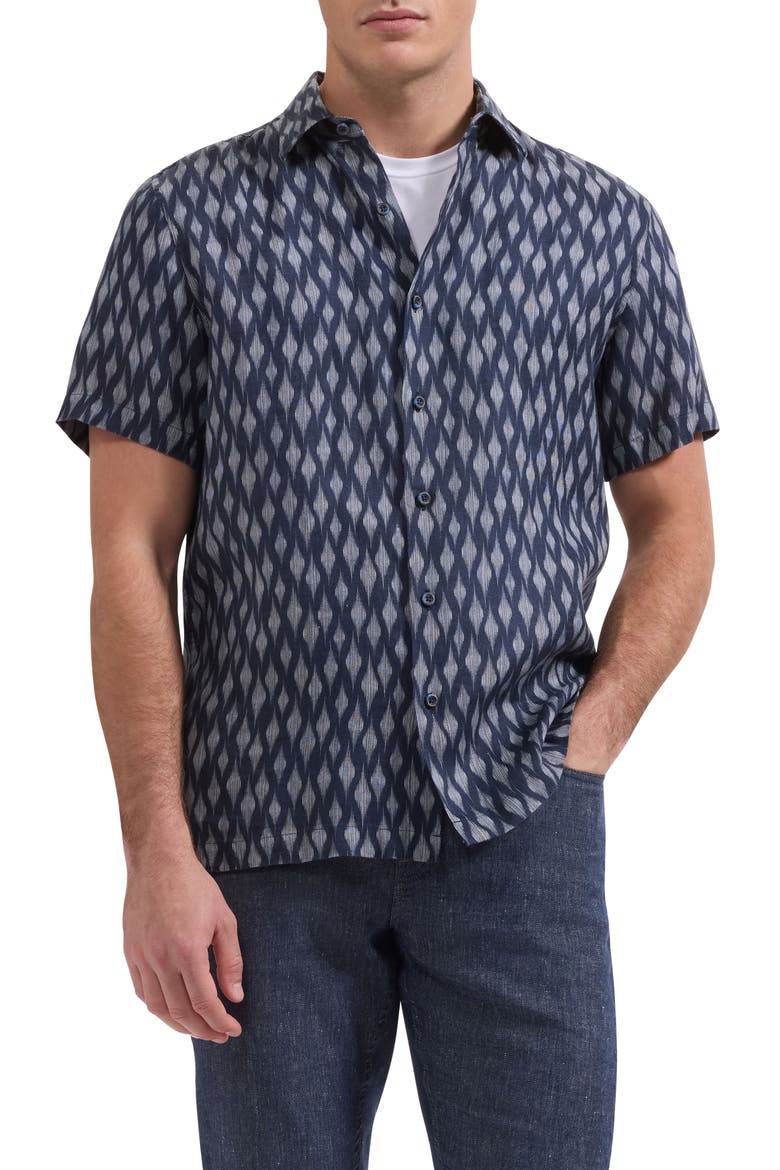 Vero Shaped Fit Geometric Print Short Sleeve Button-Up Shirt, Main, color, NAVY