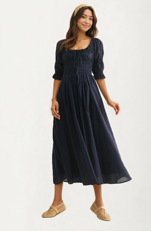 Smocked Bodice Puff Sleeve Maxi Dress