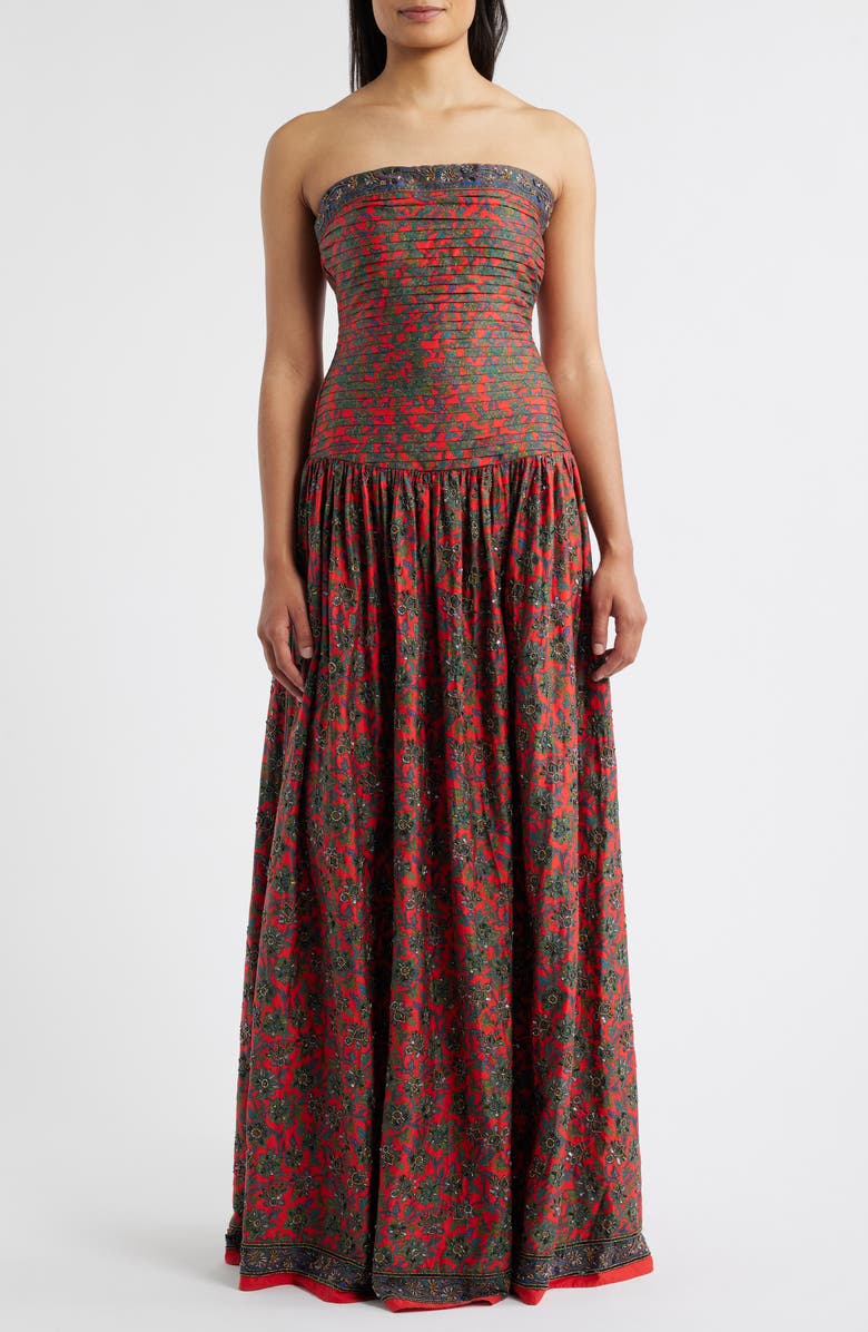 Sani Maya Floral Pleated Drop-Waist Gown, Main, color, Scarlet Fleur