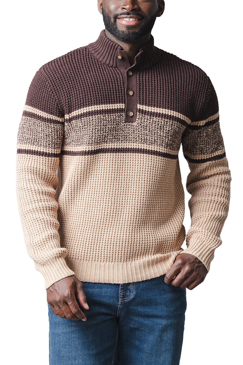 Organic Mock Neck Waffle Sweater, Main, color, Camel and Chocolate Stripe