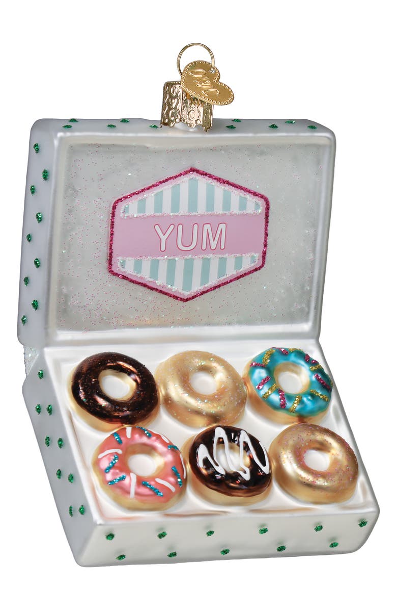 Old World Christmas Box of Donuts Glass Ornament, Main, color, White/Green/Pink