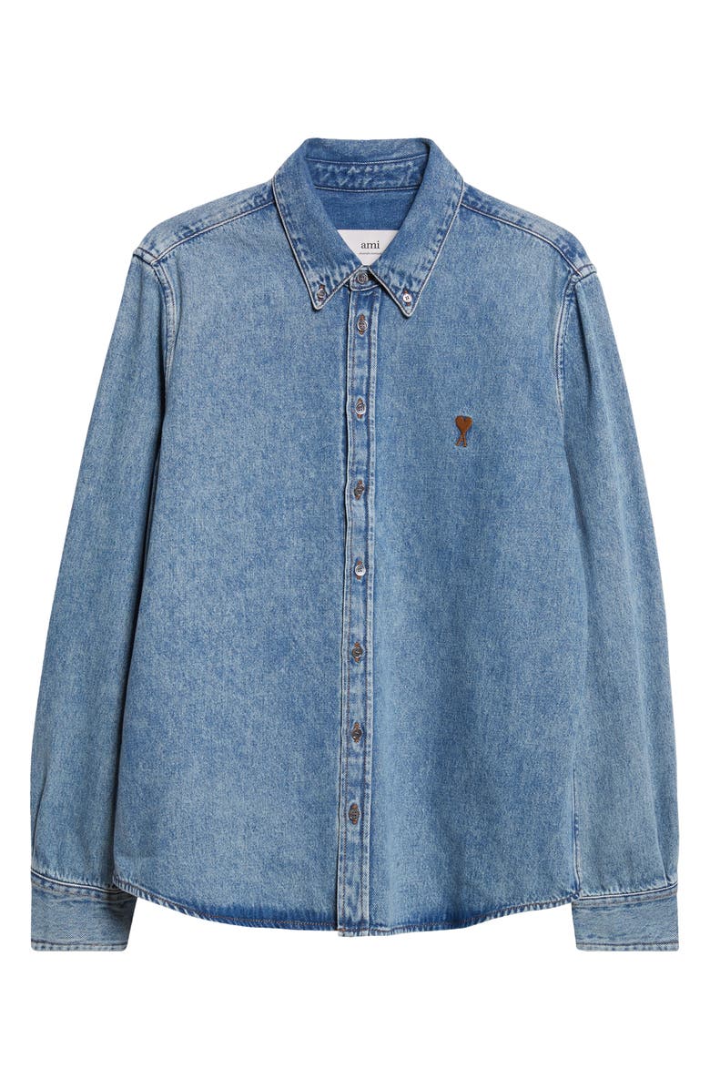 AMI PARIS Ami De Coeur Embroidered Cotton Denim Button-Down Shirt, Alternate, color, Bleu Used