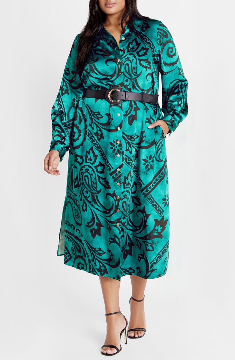 City Chic Sienna Paisley Long Sleeve Shirtdress, Main, color, Paisley