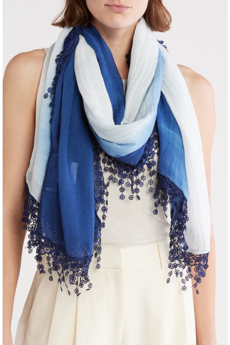Pom Pom Lace Ombré Scarf, Main, color, BLUE MULTI