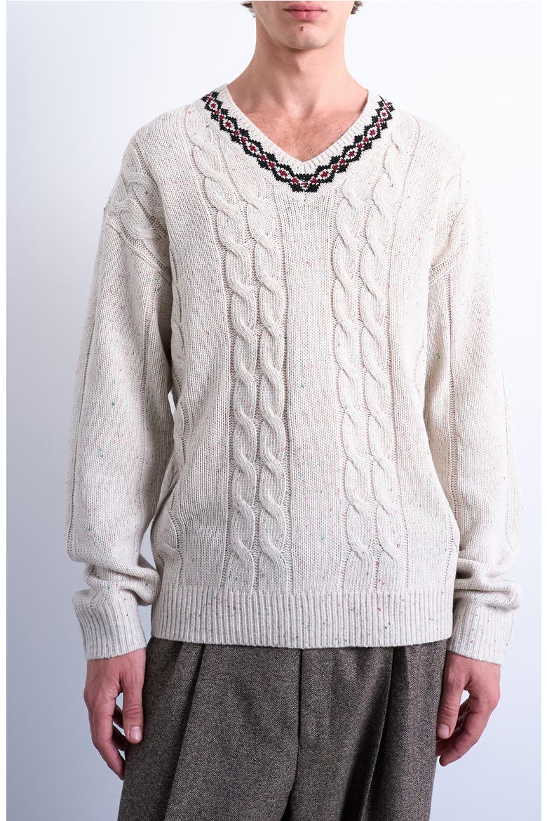V-Neck Cable Nep Sweater, Main, color, ECRU