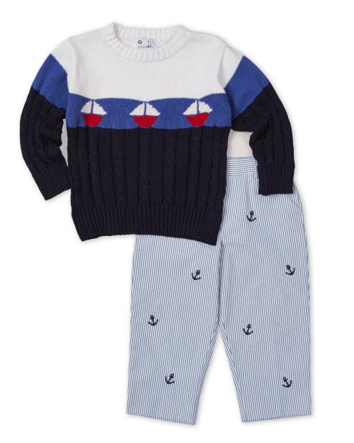 Florence Eiseman Stripe Fake Fly Pants With Anchors In Blue