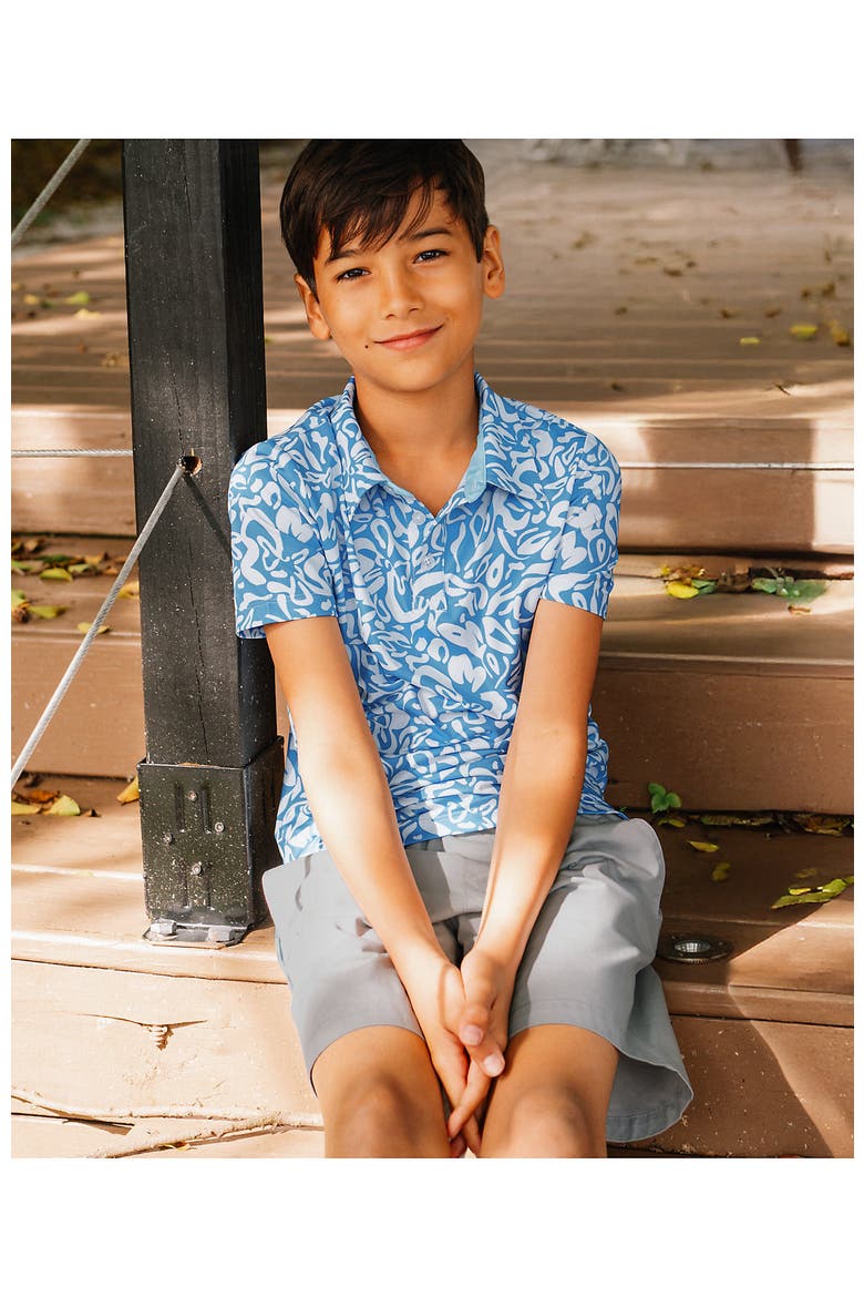 Boys Short Sleeve Performance Polo, Main, color, Blue Tropical Floral