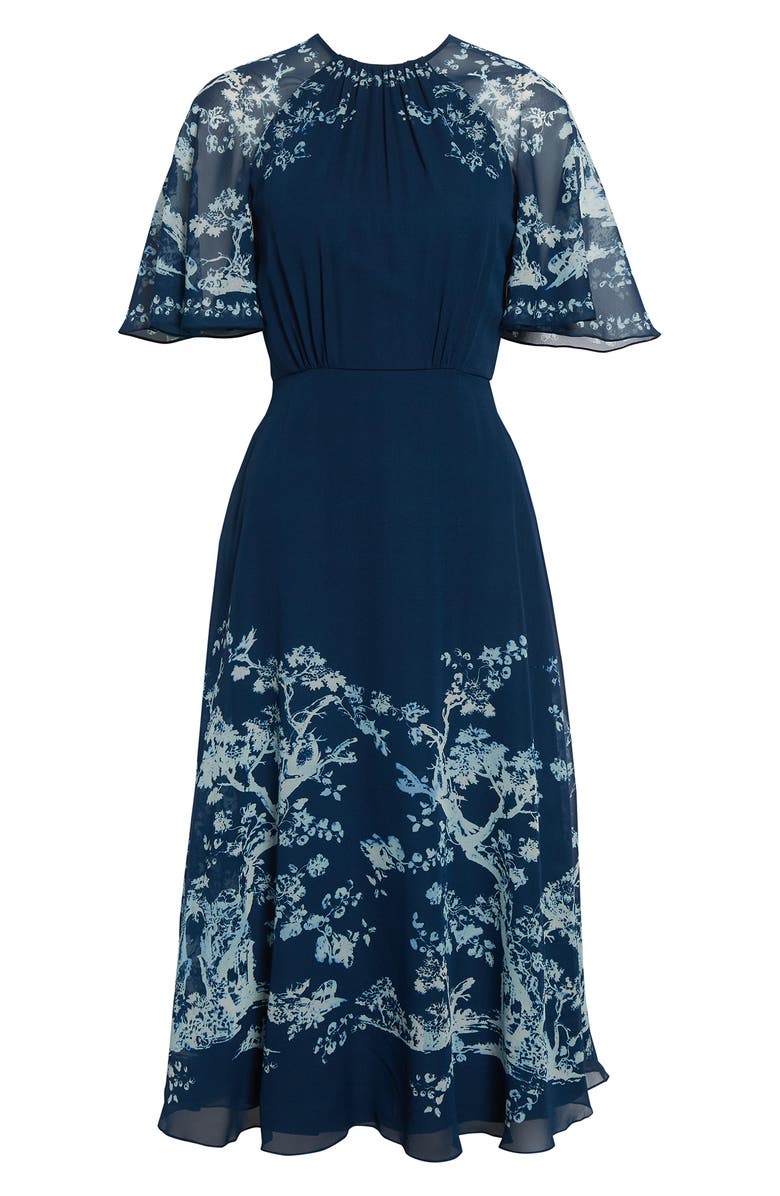 Erdem Flutter Sleeve Silk Voile Midi Dress, Alternate, color, Cyanotype Etching Navy