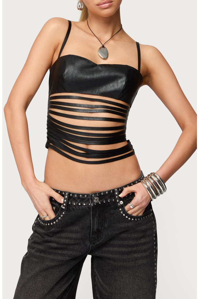 Shredded Faux Leather Bustier Top, Main, color, BLACK