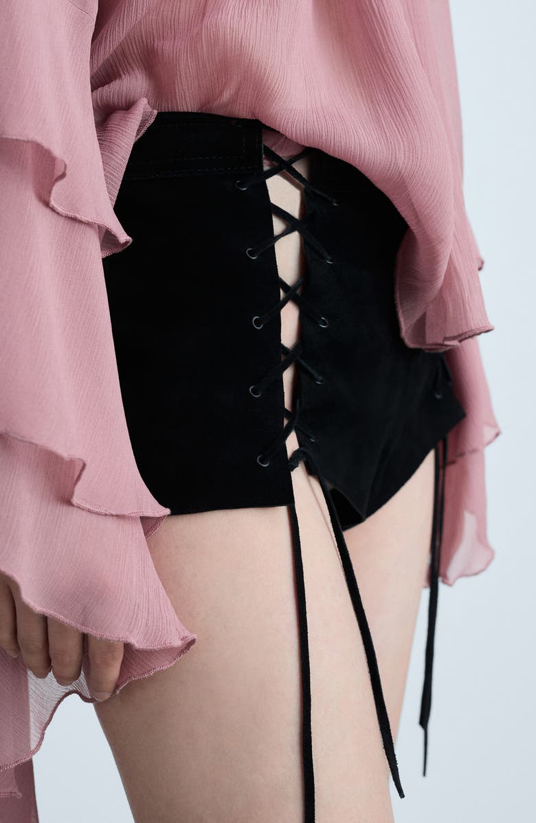 MANGO Cloe Lace-Up Leather Shorts, Alternate, color,