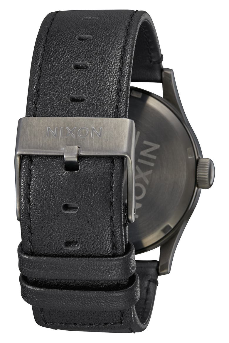The Sentry Leather Strap Watch, 42mm, Alternate, color, BLACK/ GUNMETAL