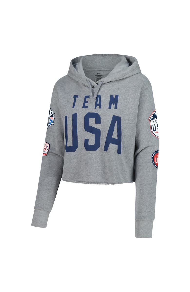 Outerstuff Women's Heather Gray Team USA Flag & Patches Fleece Cropped Pullover Hoodie, Alternate, color, Heather Gray