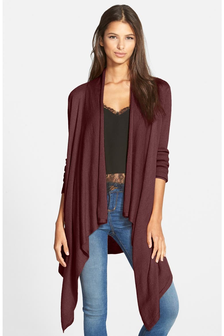Waterfall Open Front Cardigan, Main, color, BURGUNDY STEM