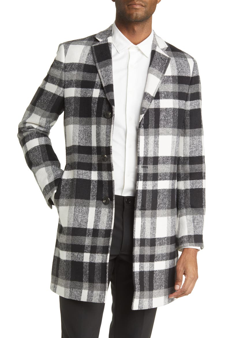 Plaid Overcoat, Main, color, BLACK - WHITE BLOCK PLAID