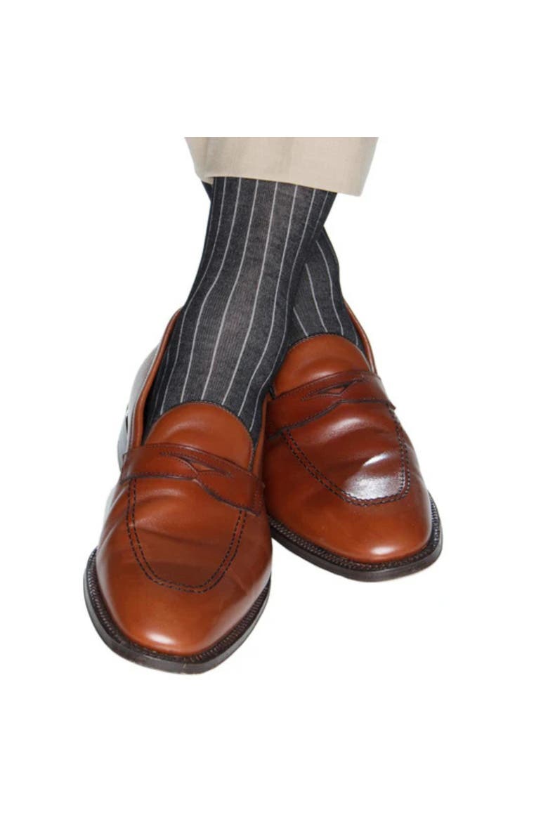 Nigel Over The Calf Vertical Stripe Mercerized Cotton Socks, Alternate, color, Black with Grey Stripe