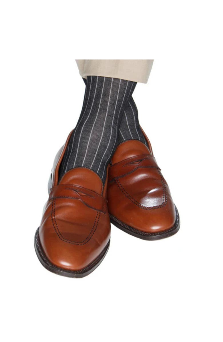 Trafalgar Nigel Over The Calf Vertical Stripe Mercerized Cotton Socks, Alternate, color, Black With Grey Stripe